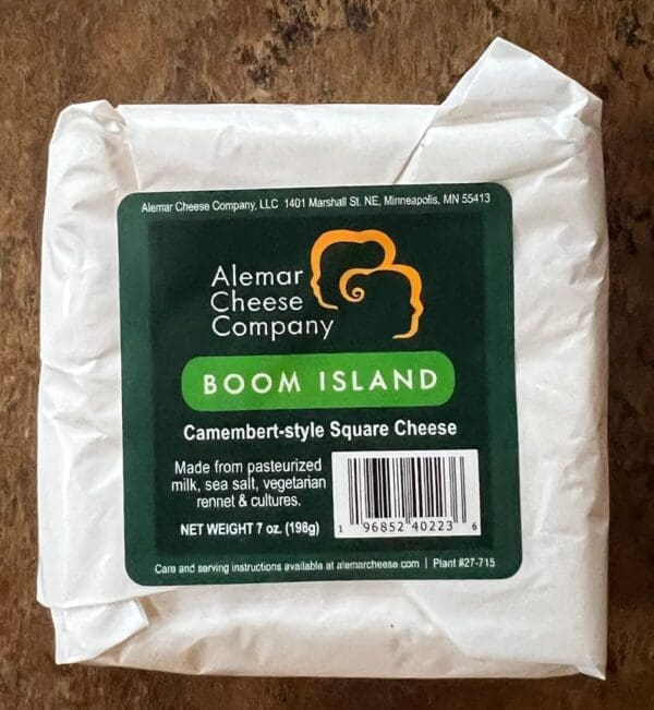 Package of Alemar Cheese Company Boom Island Camembert-style square cheese